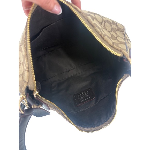 Coach Signature Monogram Canvas Hobo Shoulder Bag Khaki Black Leather Trim - Picture 7 of 10